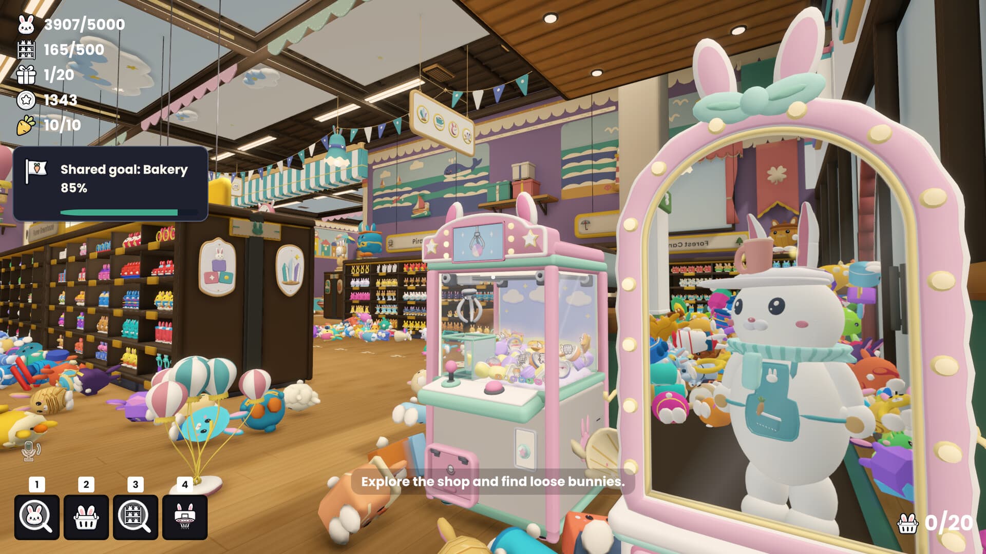 In-game screenshot of Sort The Bunnies: a colorful toy shop filled with shelves; in the foreground, a pink claw machine sits next to a white rabbit character standing in front of a pink mirror with rabbit ears, with rabbit figurines scattered on the floor